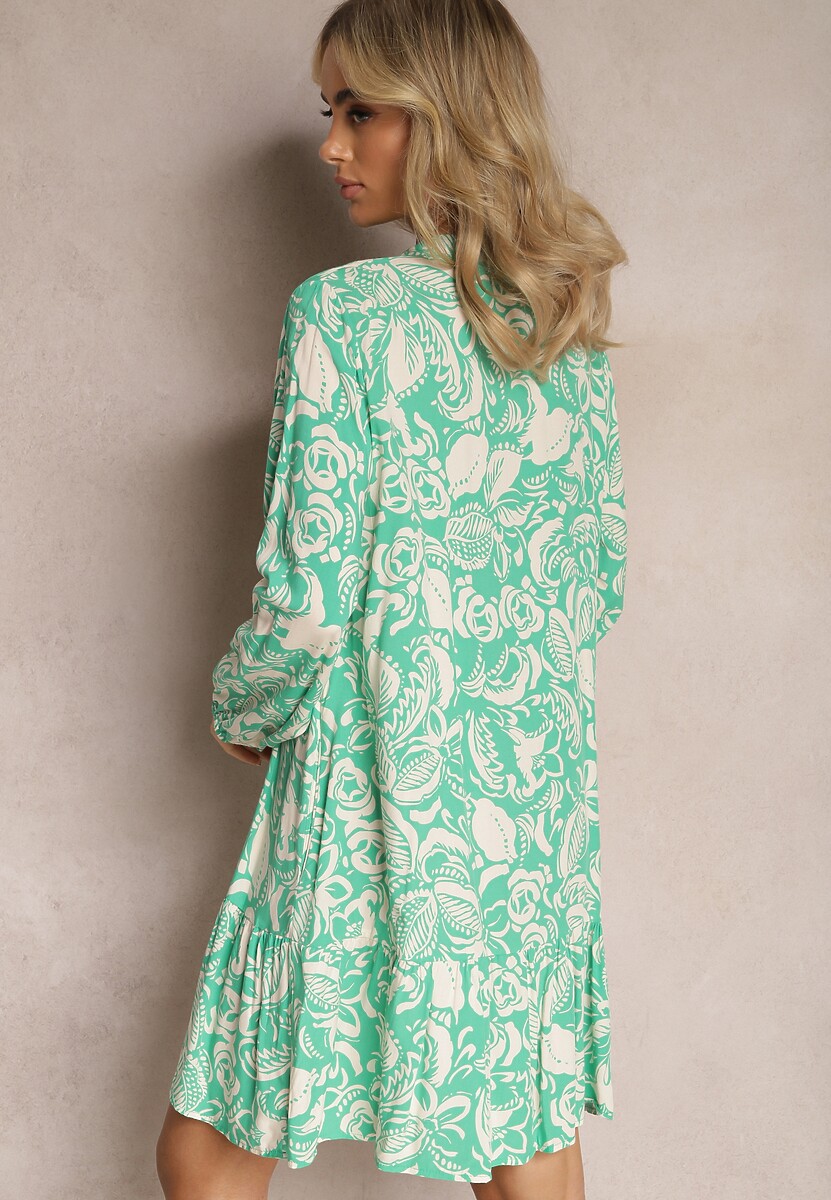 Rochie verde evazată mini din viscoză în stil cămașă cu imprimeu natură Berdia 3