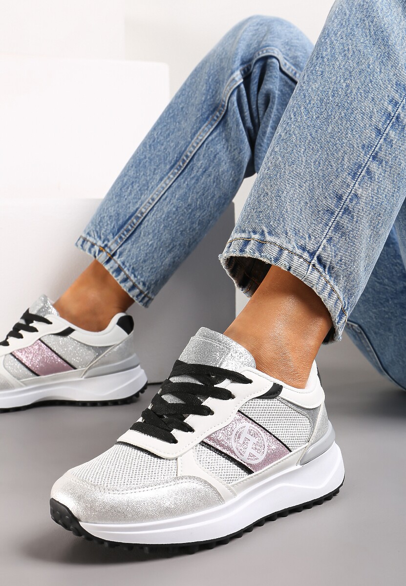 Sneakers Argintii cu Șireturi Sclipici și Plasă pe Talpă Groasă Leviria 1