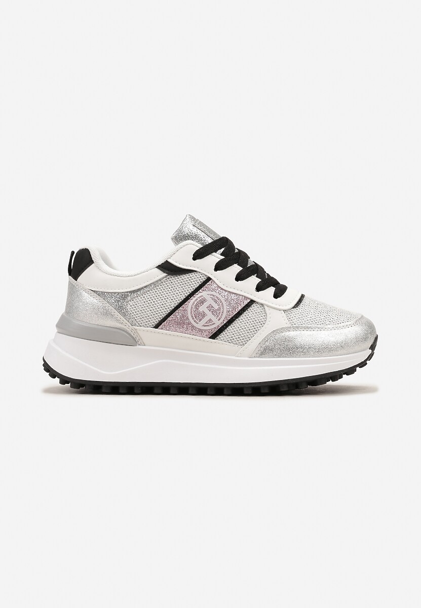 Sneakers Argintii cu Șireturi Sclipici și Plasă pe Talpă Groasă Leviria 3