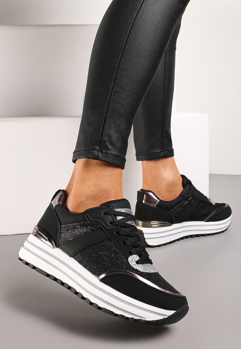 Sneakers Negri cu Sclipici pe Talpă Groasă Ornamentală Rilveia 1