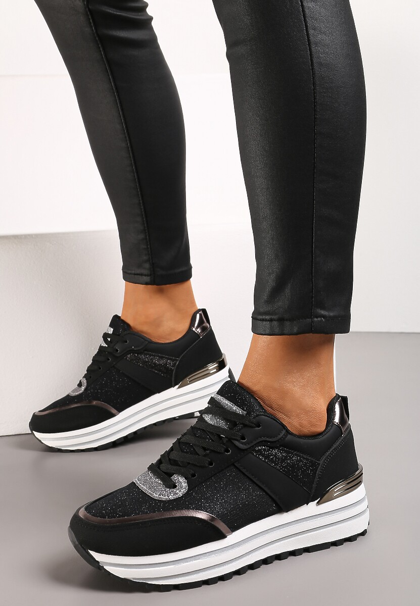 Sneakers Negri cu Sclipici pe Talpă Groasă Ornamentală Rilveia 2