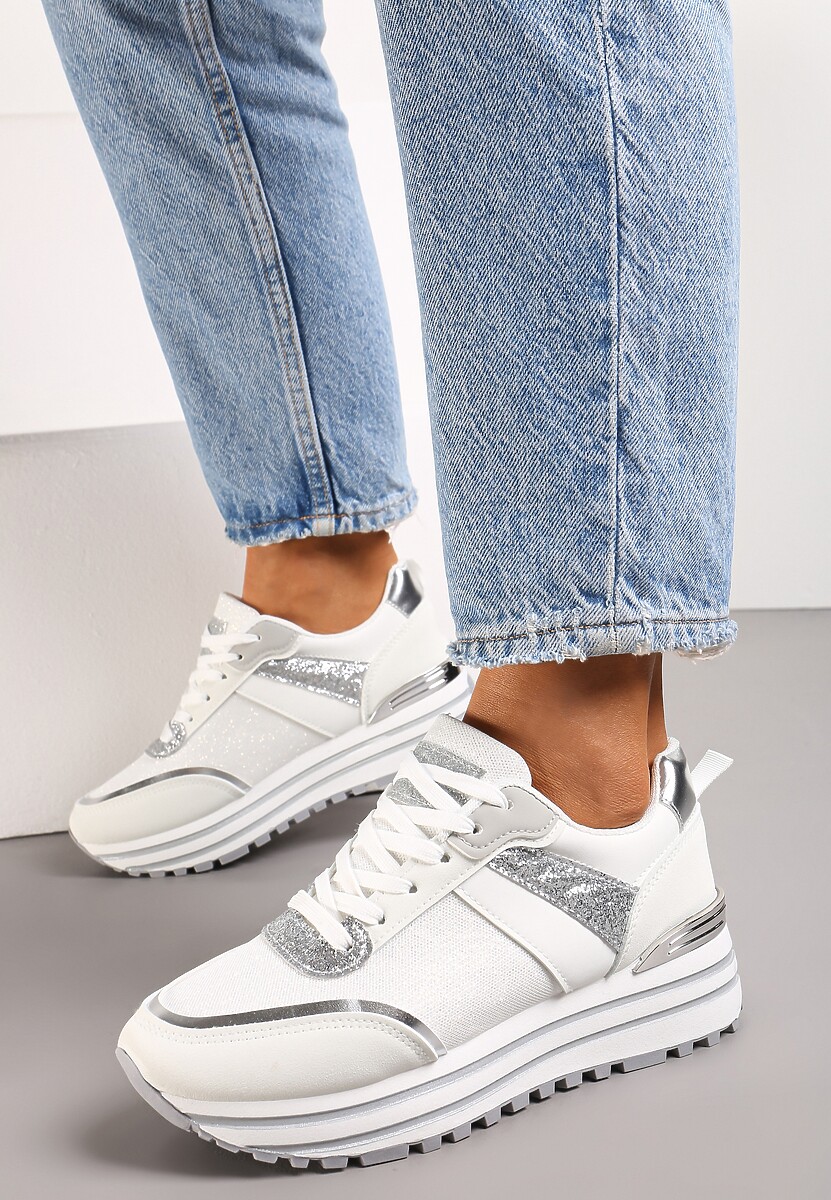 Sneakers Albi-Argintii cu Sclipici pe Talpă Groasă Decorativă Rilveia 1