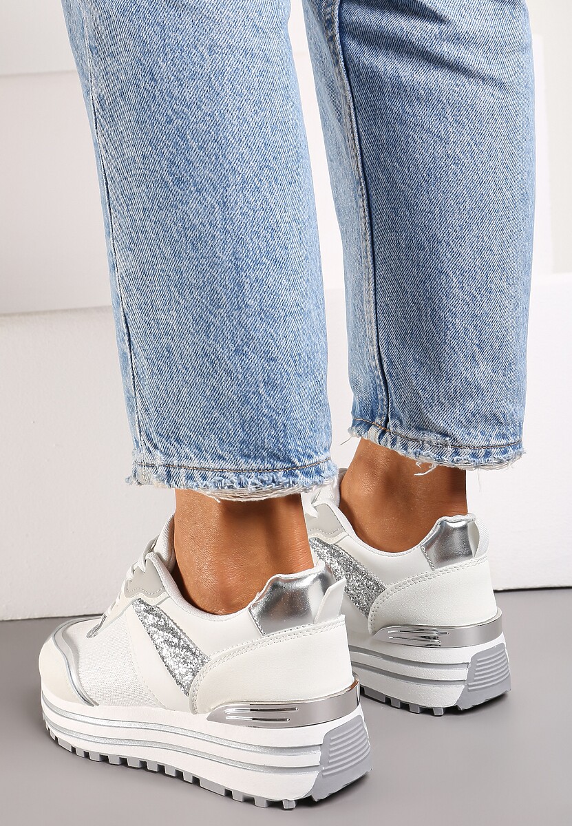 Sneakers Albi-Argintii cu Sclipici pe Talpă Groasă Decorativă Rilveia 2