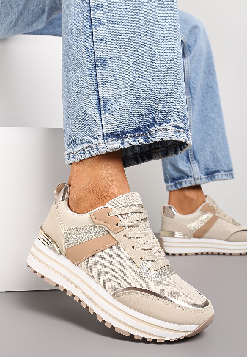 Sneakers bej cu sclipici pe talpă groasă decorativă Rilveia 1