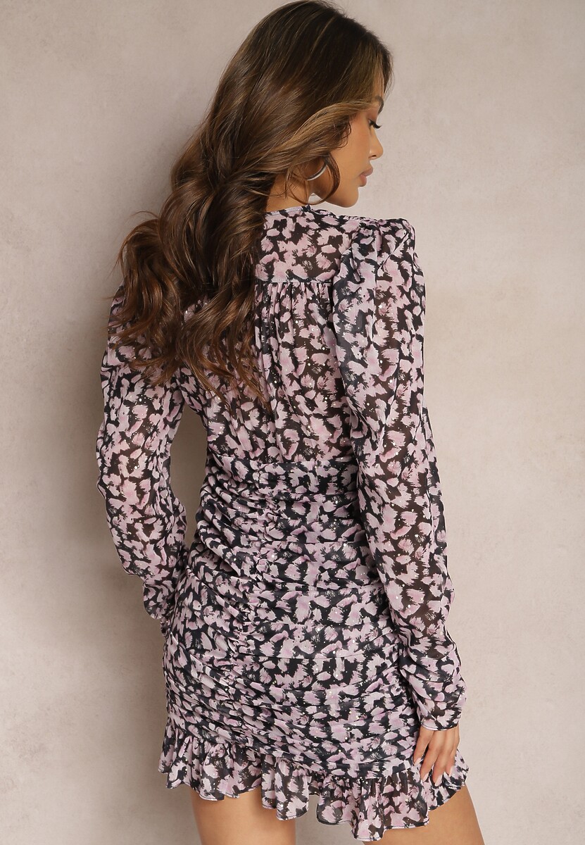 Czarno-Różowa Mini Sukienka Marszczona o Dopasowanym Kroju z Bufiastymi Rękawami Erilna 3