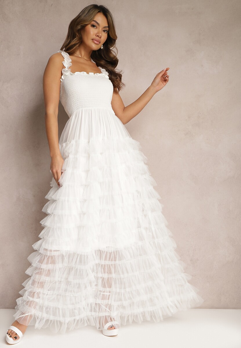 Biała Koktajlowa Sukienka Maxi z Tiulowymi Falbankami Amiusa