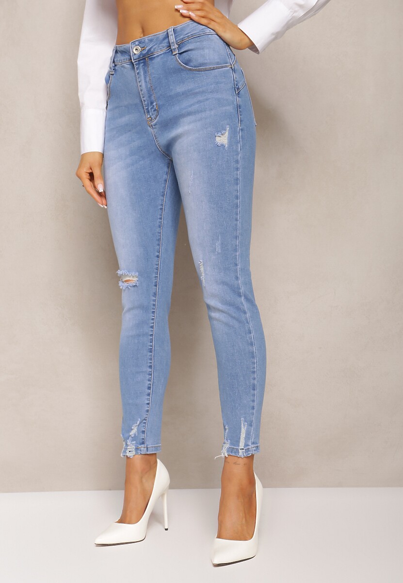 Niebieskie Jeansy o Fasonie Skinny Push Up z Przedarciami Fanfa 1