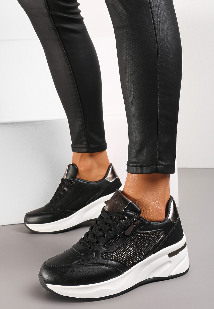 Sneakers Negri Ornați cu Pietre Strass și Fermoar pe Talpă Groasă Migenna 2