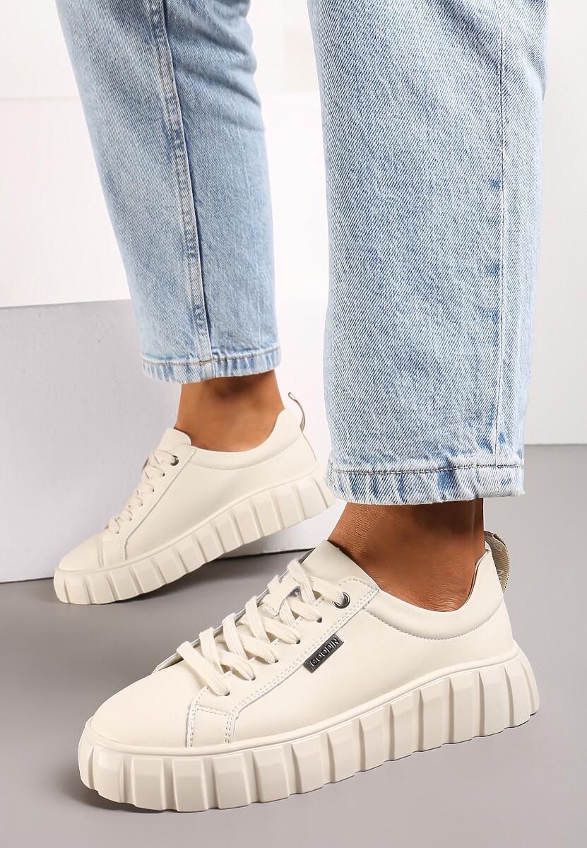 Sneakers bej cu platformă ștanțată din piele naturală Pelinea 2