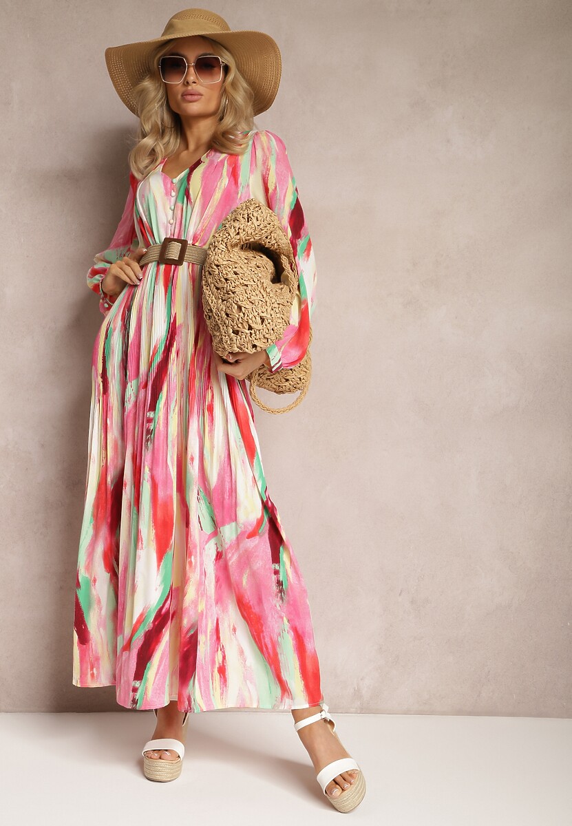 Różowo-Zielona Rozkloszowana Sukienka z Gumką w Talii i Akwarelowym Wzorem Kasille