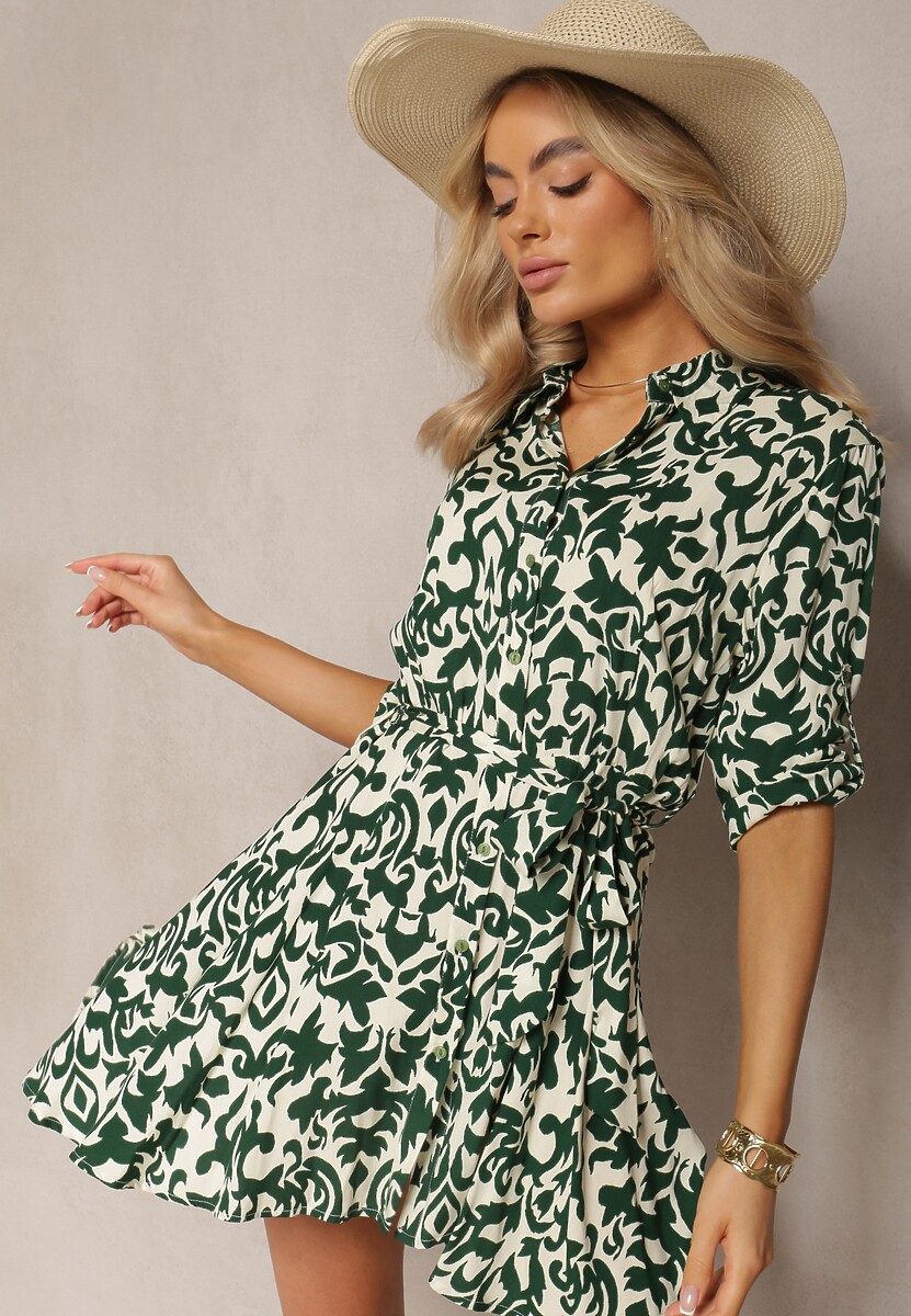 Beżowo-Zielona Wiskozowa Sukienka Koszulowa Ozdobiona Ornamentalnym Wzorem Lirenna