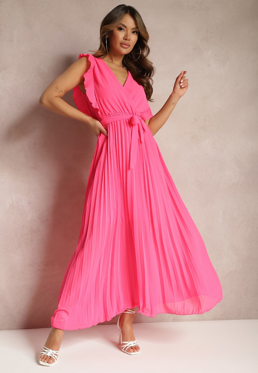 Różowa Wiskozowa Sukienka Maxi z Plisowaniem o Rozkloszowanym Kroju i Kopertowym Dekolcie Fliceris
