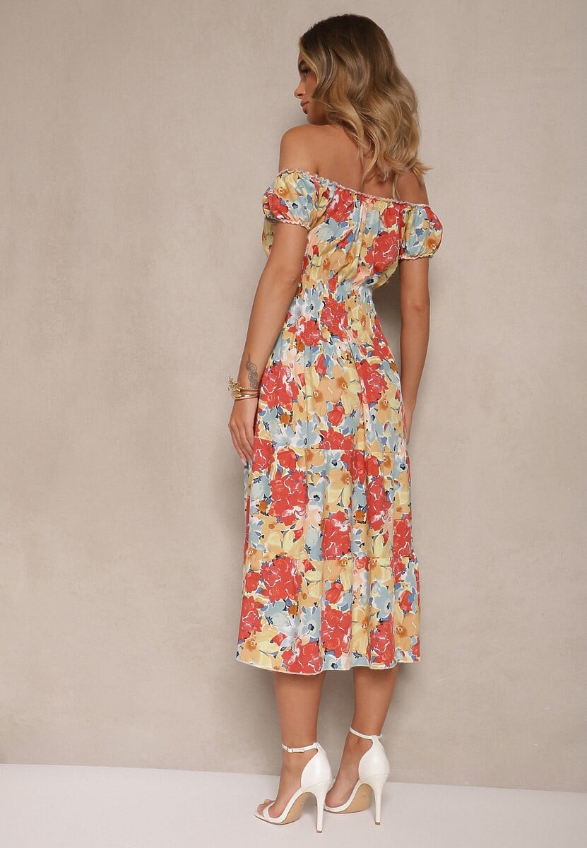 Rochie Midi Roz-Bej cu Mânecă Scurtă din Viscoză cu Flori Emena 3