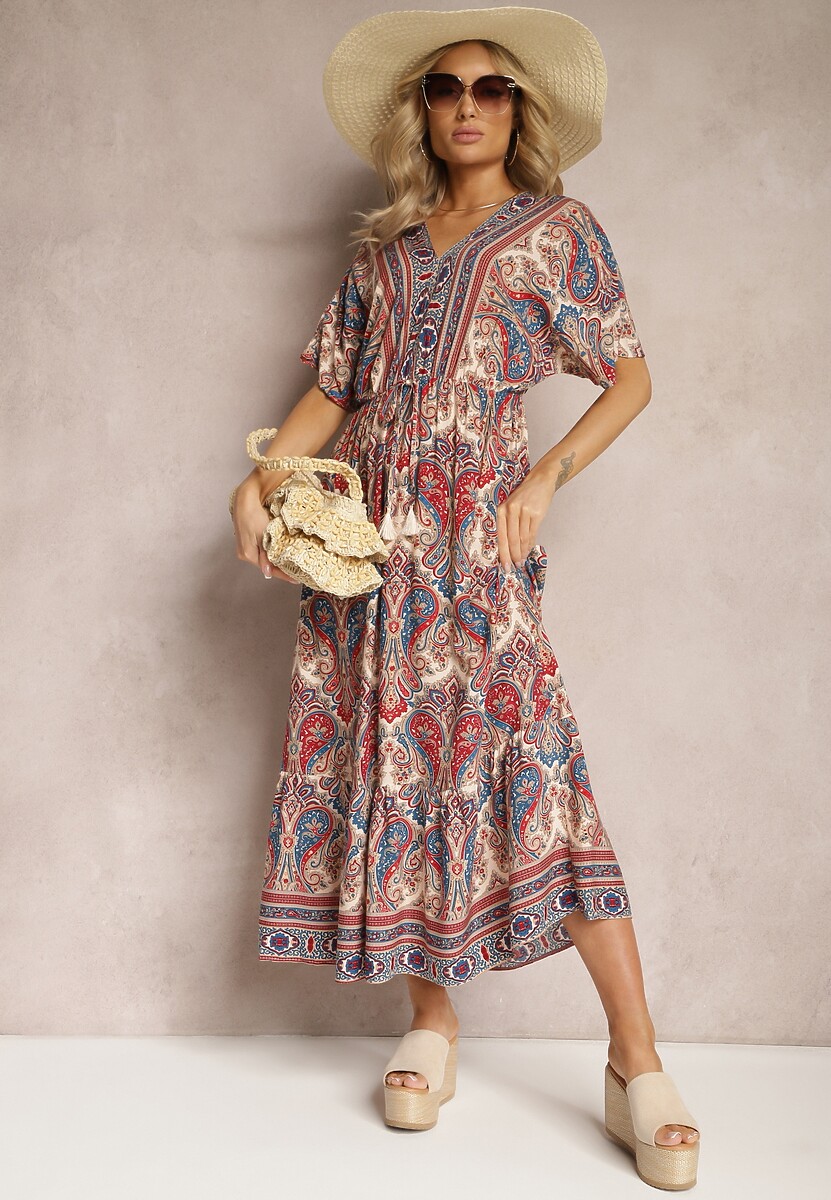 Beżowo-Bordowa Wiskozowa Sukienka Maxi z Gumką w Pasie Ozdobiona Wzorem Paisley Larite