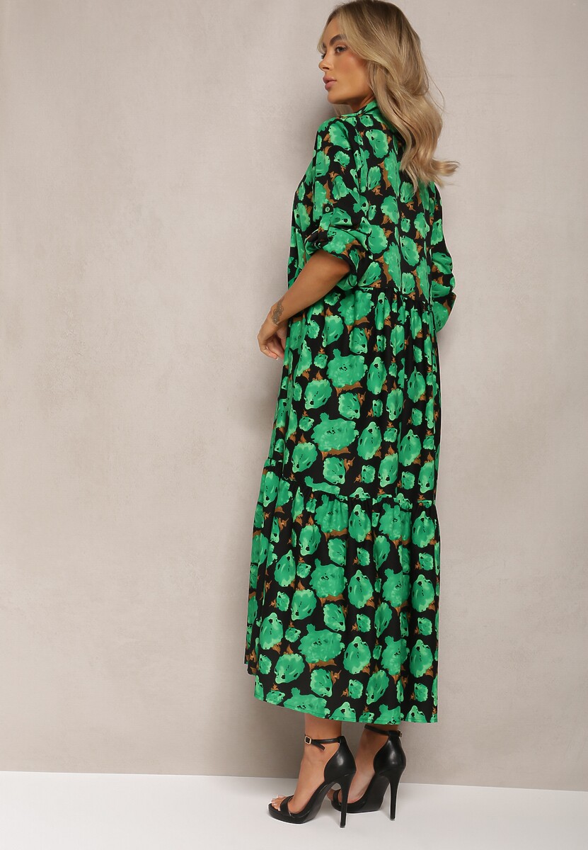 Rochie verde-neagră evazată cu volan la bază și imprimeu abstract cu trandafiri Renaisse 3