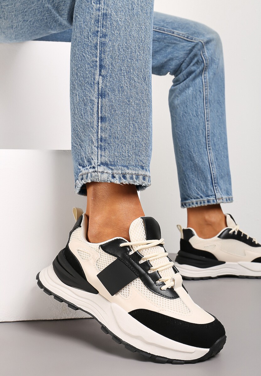 Beżowo-Czarne Sneakersy z Elastycznym Sznurowaniem i Siateczką Lenivla 1