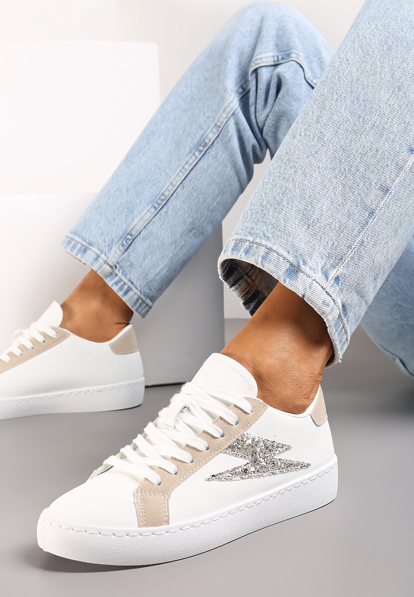 Białe Sneakersy z Brokatem i Przeszyciami Abigadia