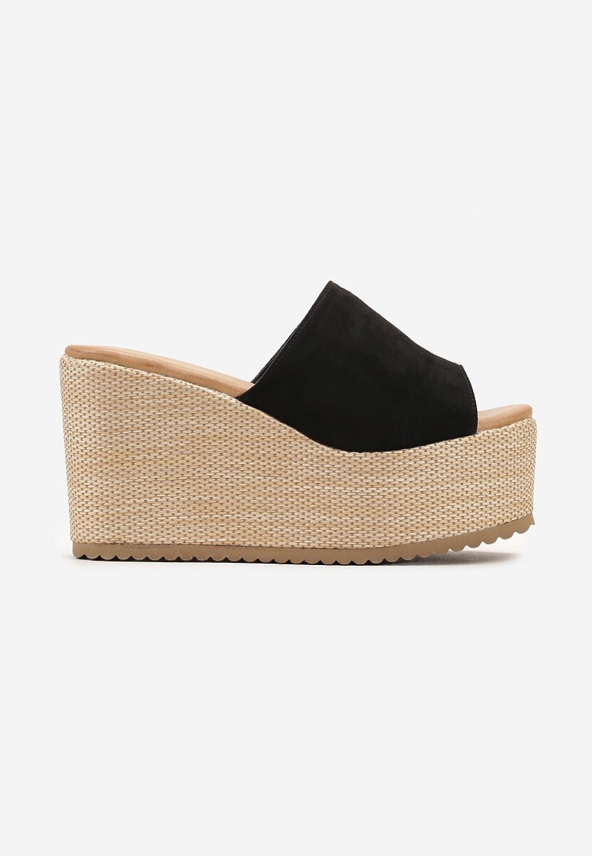 Czarne Klapki w Stylu Boho na Platformie i Koturnie z Paskiem z Imitacji Zamszu Marinle 3