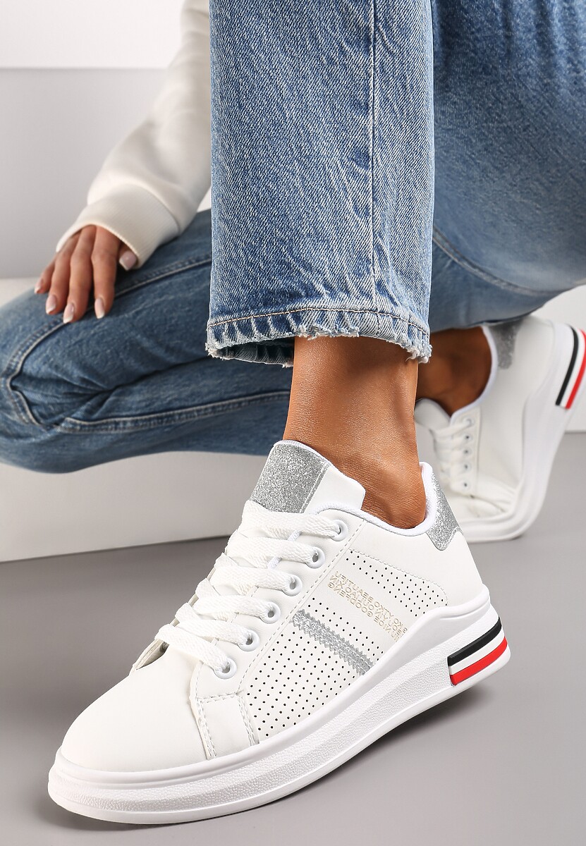 Sneakerși Alb-Argintiu cu Talpă Plată Detalii Perforate și Sclipici Lireania 1