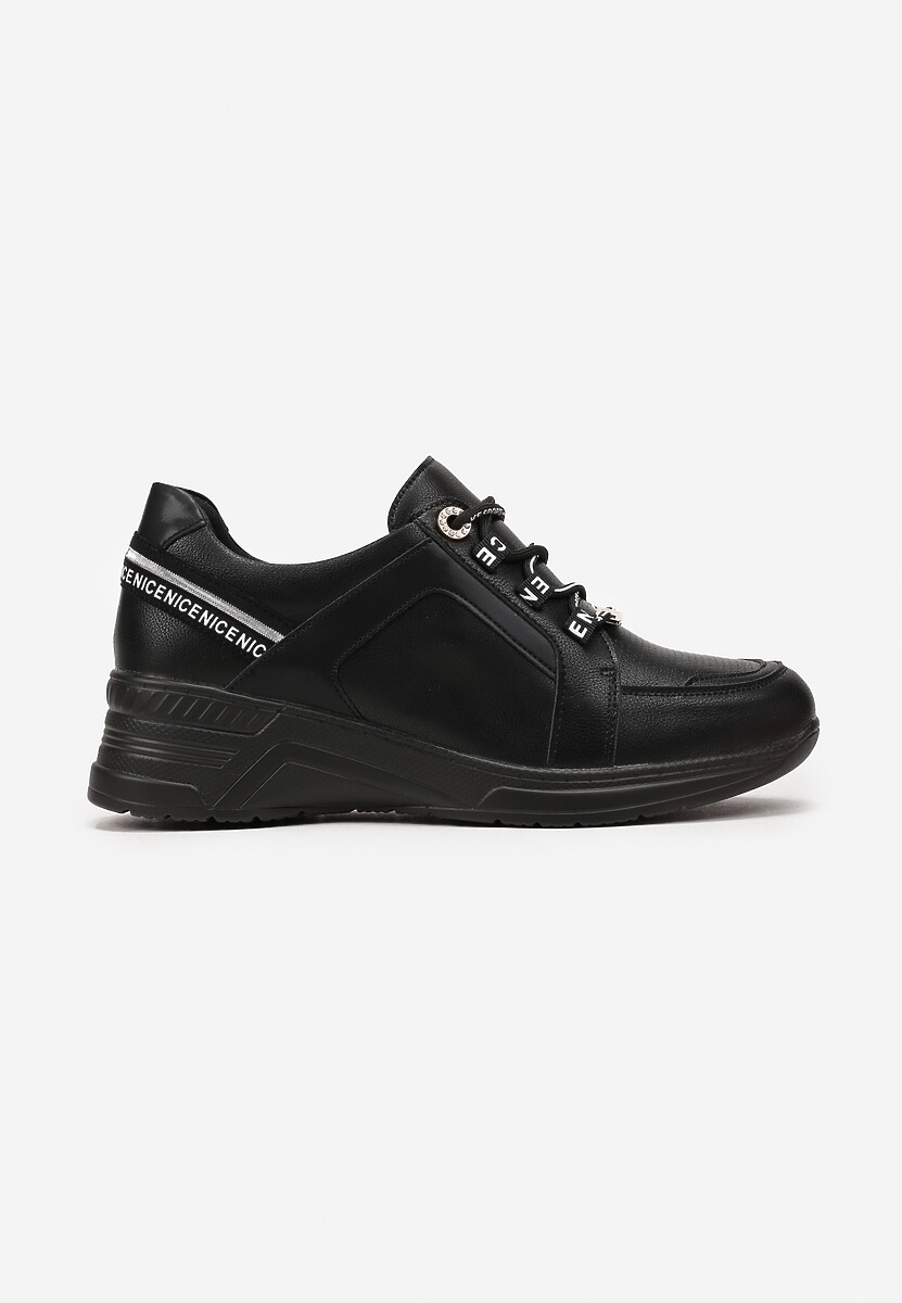 Czarne Sneakersy ze Skórzaną Wkładką Ozdobione Napisami na Koturnie Dorvalia 3
