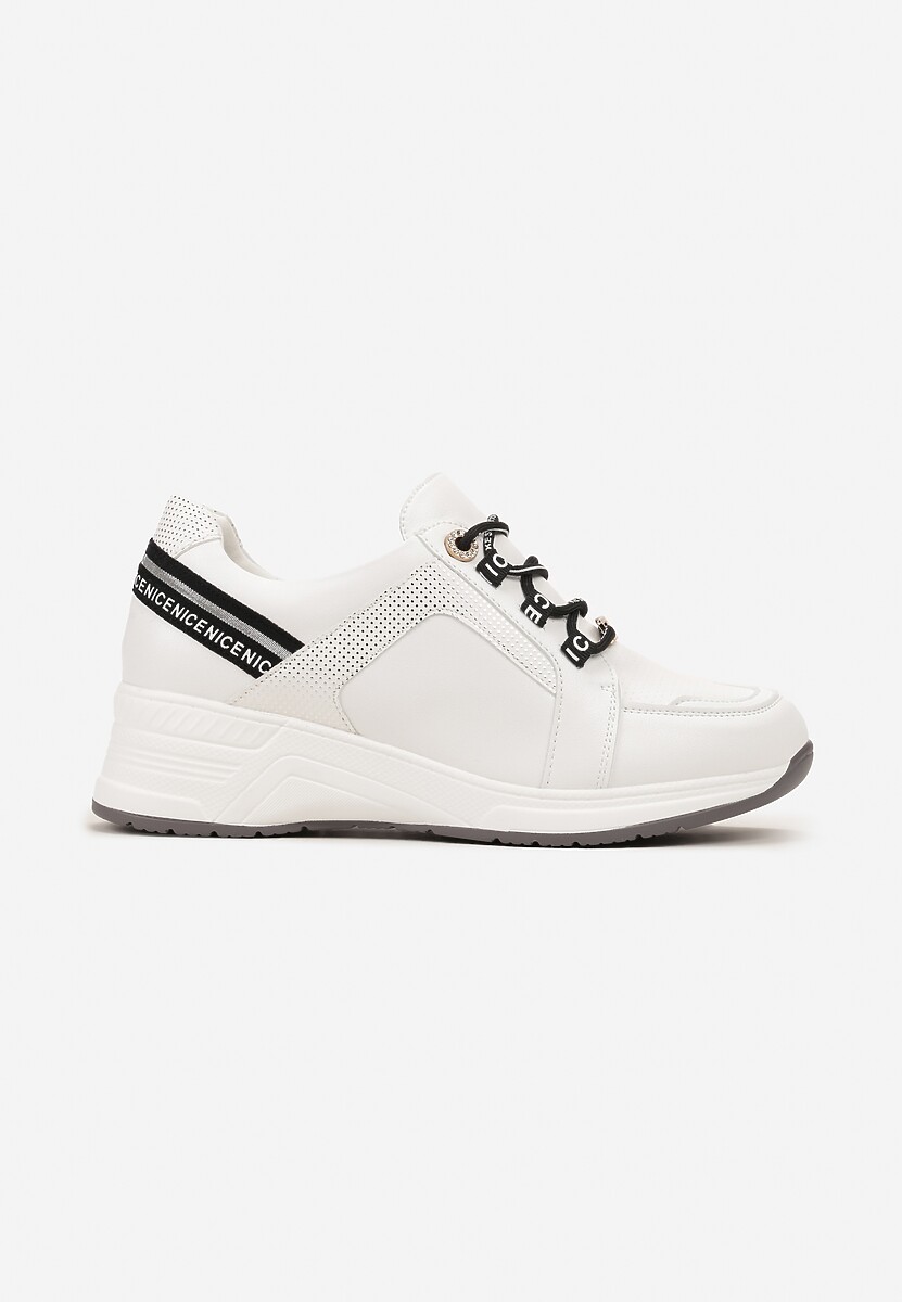 Białe Sneakersy ze Skórzaną Wkładką Ozdobione Napisami na Koturnie Dorvalia 3