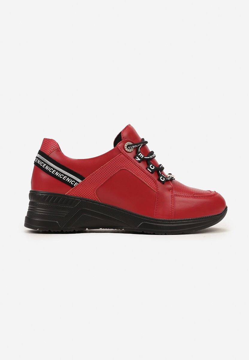 Czerwone Sneakersy ze Skórzaną Wkładką Ozdobione Napisami na Koturnie Dorvalia 3