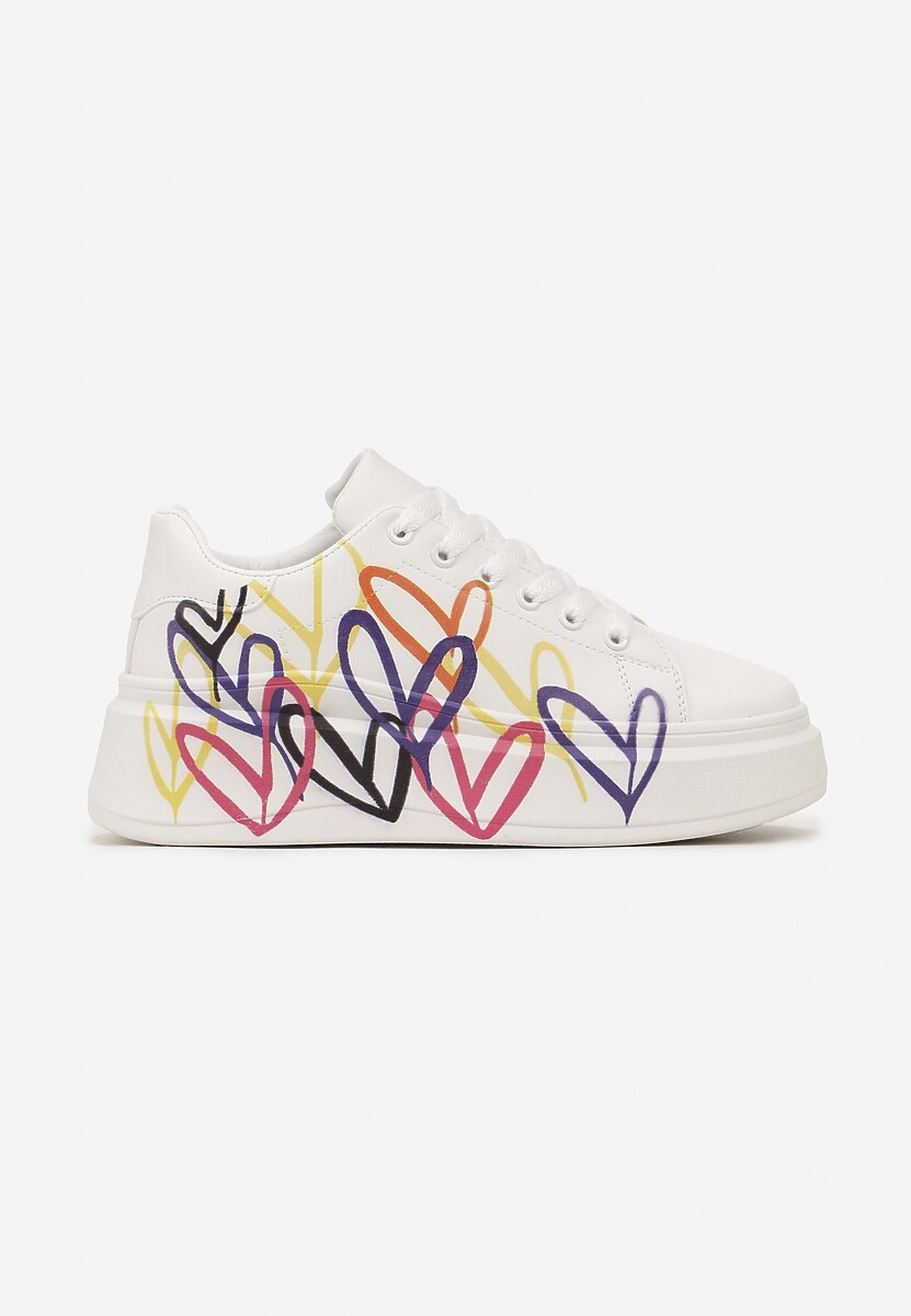 Białe Sneakersy z Nadrukiem w Serca na Grubej Podeszwie Kirnalsa 3