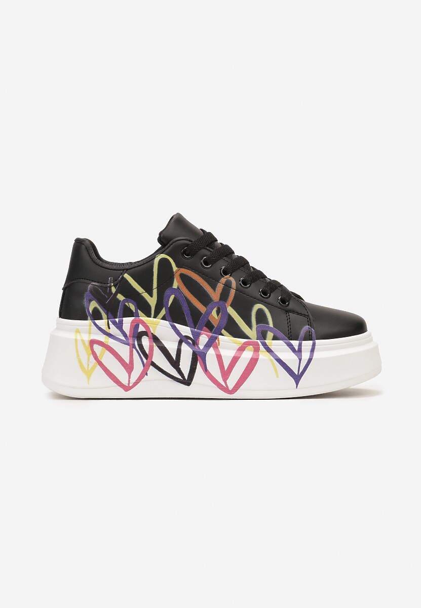 Czarne Sneakersy z Nadrukiem w Serca na Grubej Podeszwie Kirnalsa 3