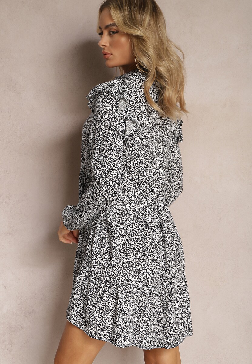 Rochie mini bleumarin-albă evazată cu imprimeu floral și volane Limrena 3