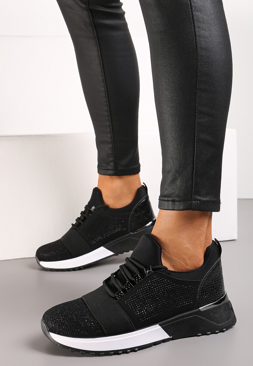 Czarne Sneakersy Ozdobione Siateczką i Brokatem oraz Siateczką na Grubej Podeszwie Celandria 2