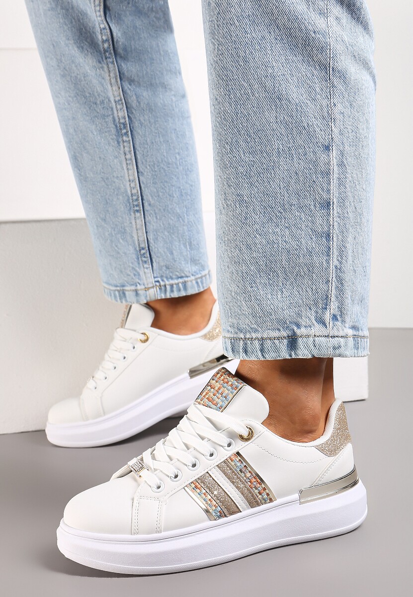 Sneakers Alb-Șampanie pe Platformă Joasă cu Inserții Sclipitoare Renallsa 2