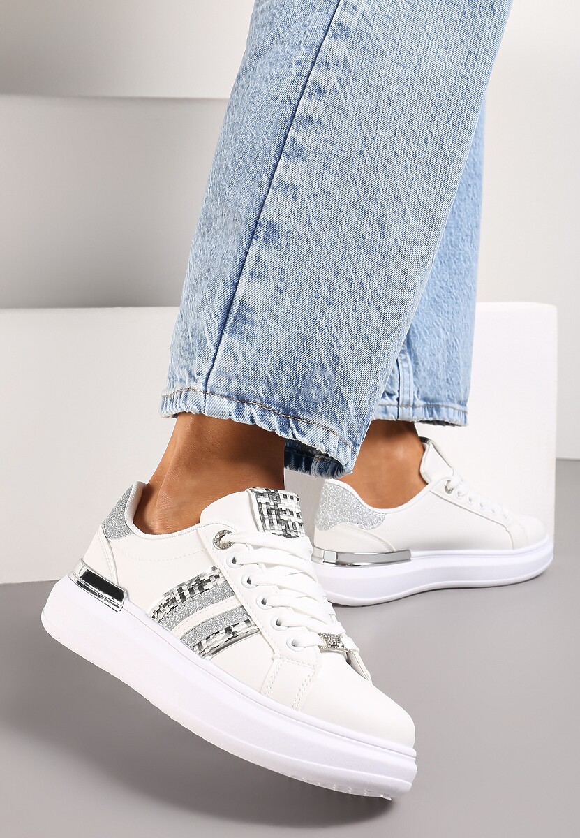Sneakers Albi-Argintii pe Platformă Joasă cu Inserții Sclipitoare Renallsa 1