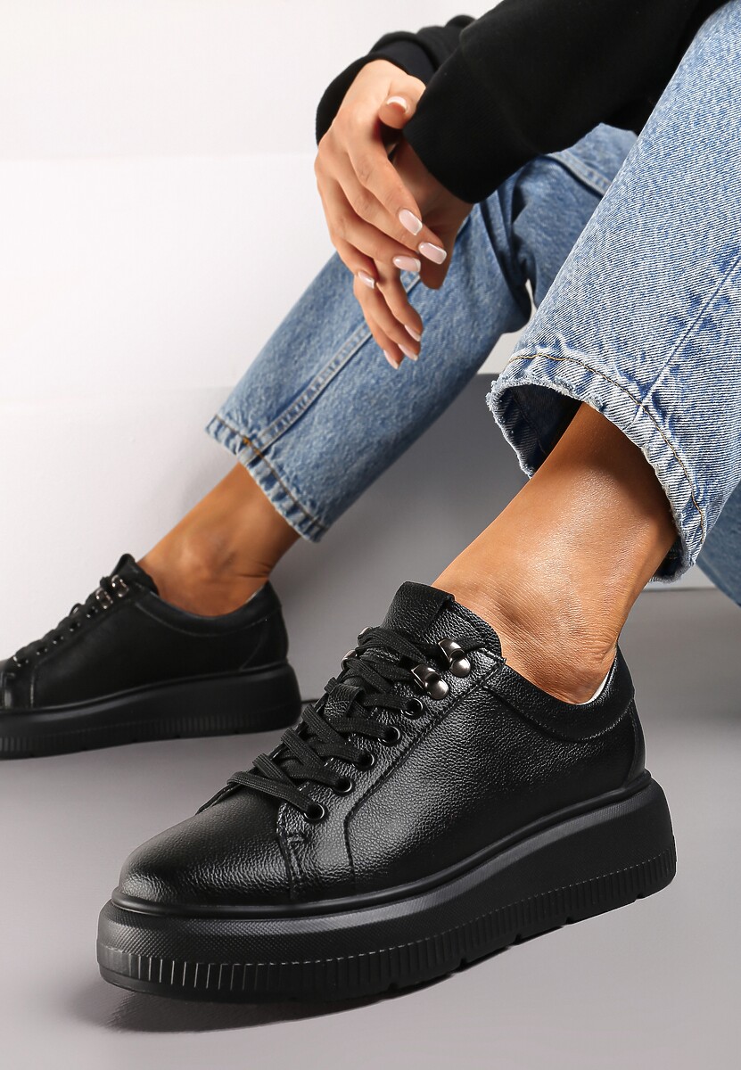 Czarne Skórzane Sneakersy na Grubej Podeszwie Elirna 1