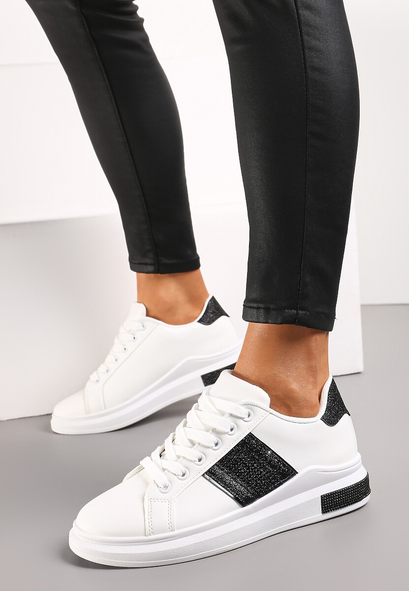 Sneakerși Alb-Negri cu Inserții Metalice și Pietre pe Talpă Groasă Wirela 2