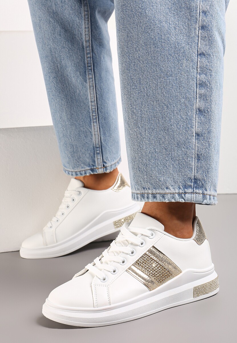 Sneakers Albi-Aurii cu Inserții Metalice și Pietre pe Talpă Groasă Wirela 2