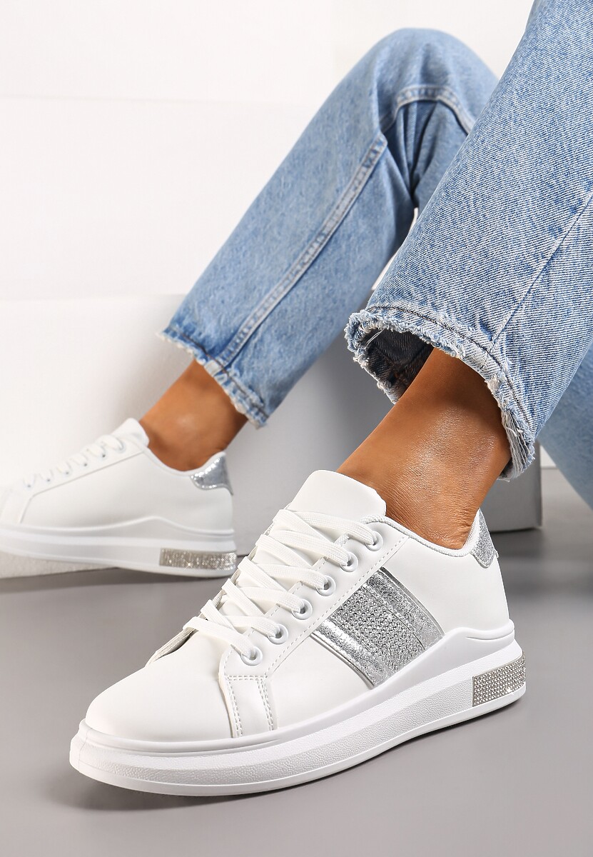 Sneakers Alb-Argintii cu Inserții Metalice și Pietre pe Talpă Groasă Wirela 1