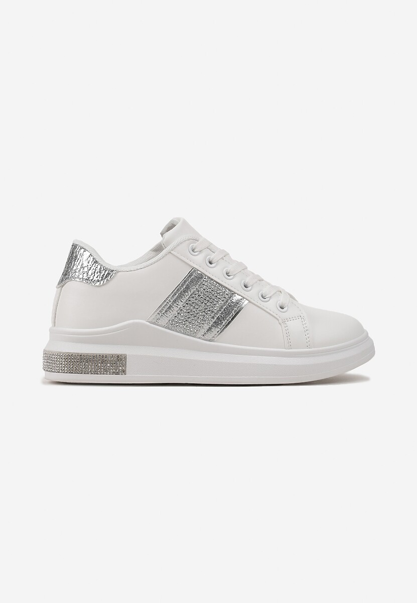 Sneakers Alb-Argintii cu Inserții Metalice și Pietre pe Talpă Groasă Wirela 3