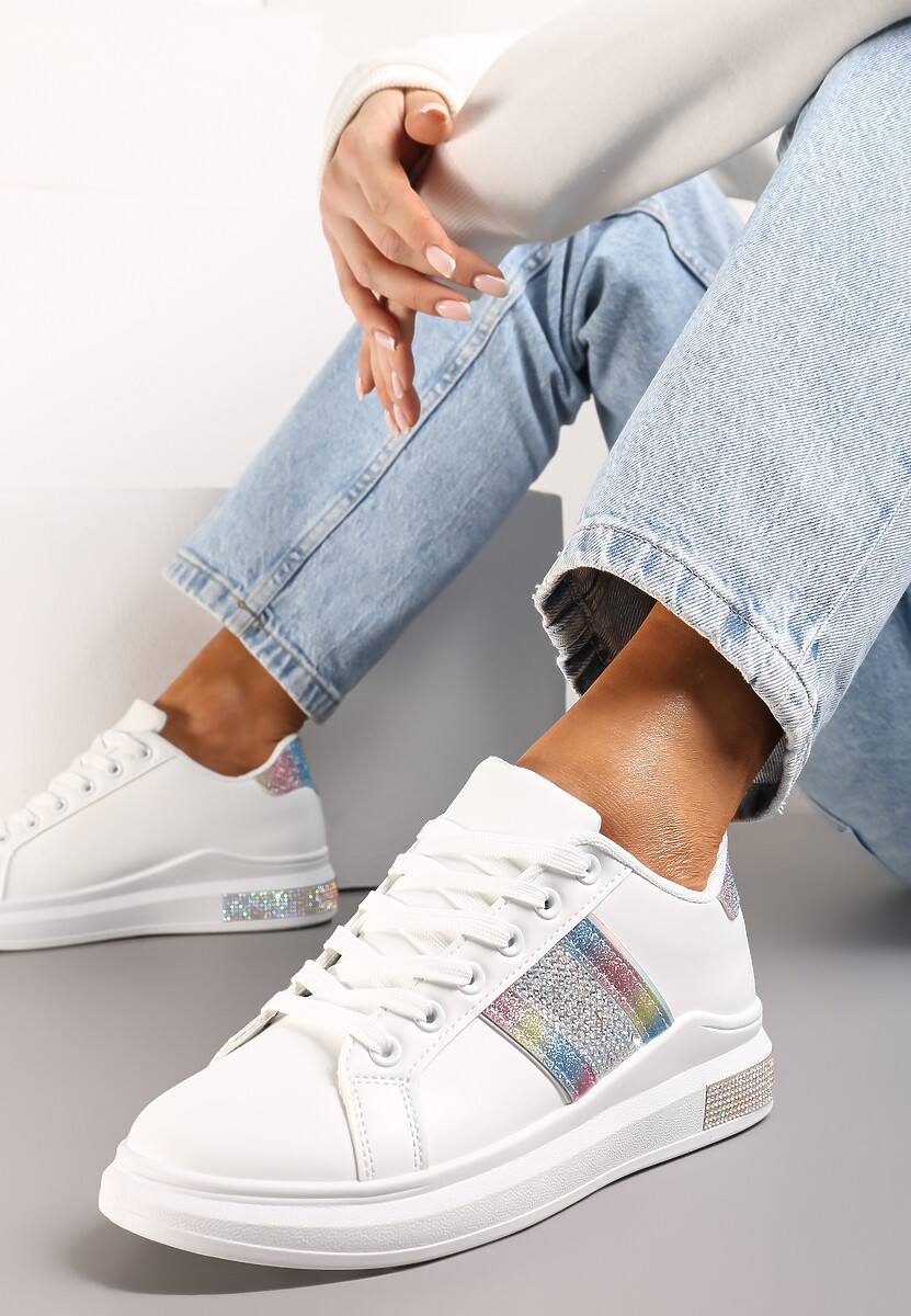 Sneakers Albi cu Inserții Metalice și Pietre Strass pe Talpă Groasă Wirela 1