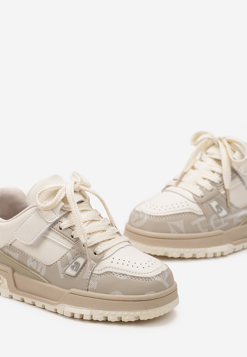 Beżowe Buty Sportowe Sneakersy na Platformie z Tłoczeniem na Rzep Tetilda 3