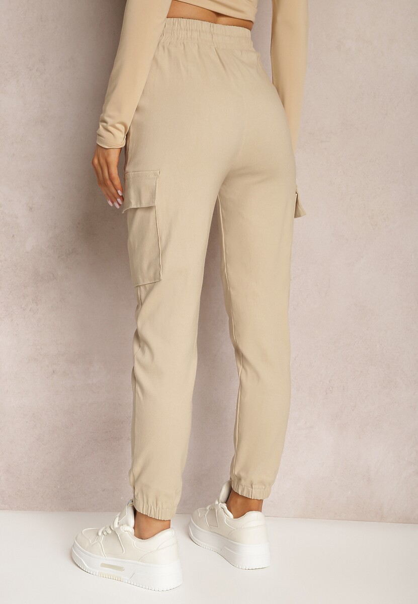 Beżowe Bojówki Spodnie High Waist z Kieszeniami na Klapy Mirlea 3