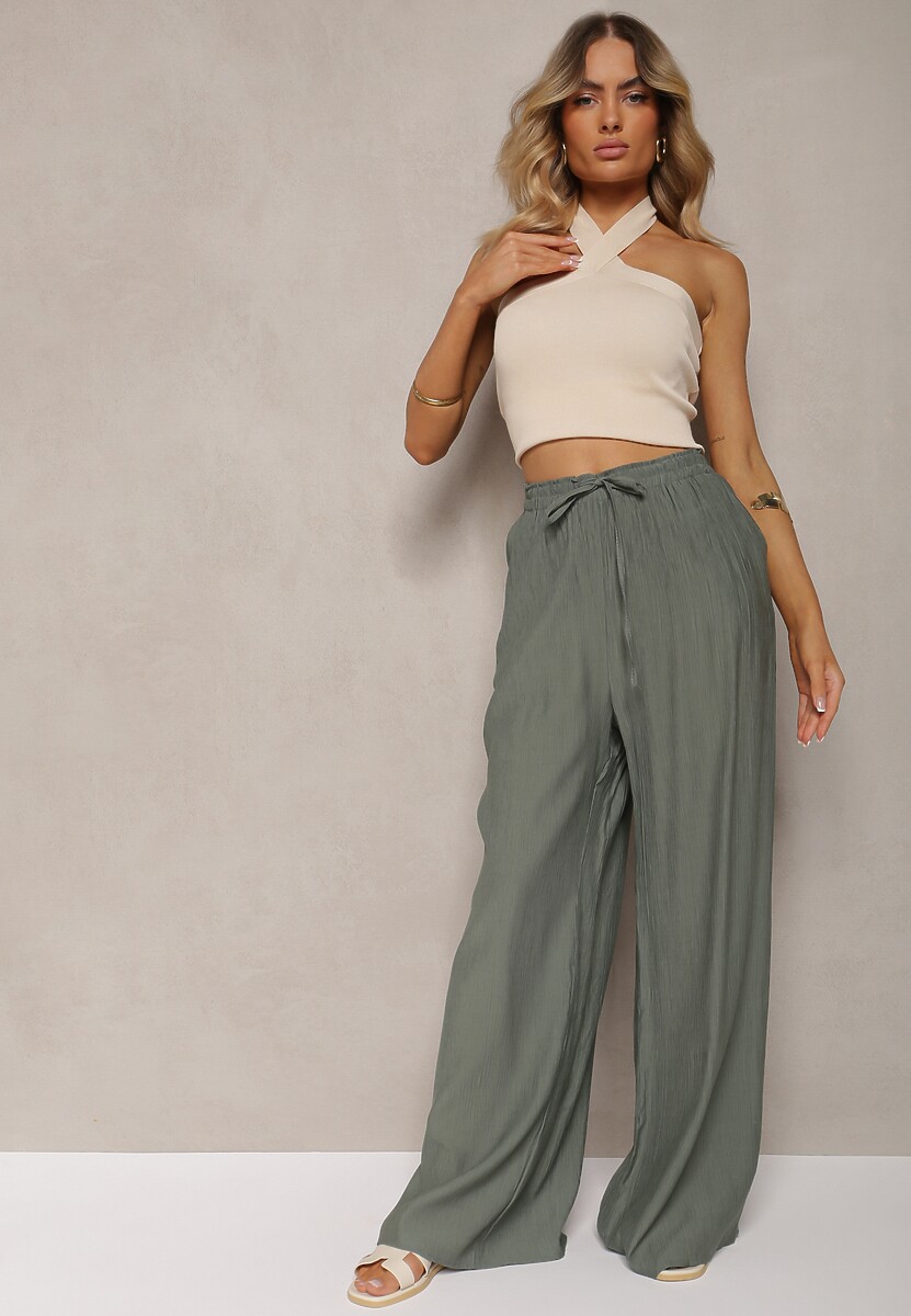 Pantaloni largi din viscoză verde închis cu elastic și șnur în talie Tarallia 2
