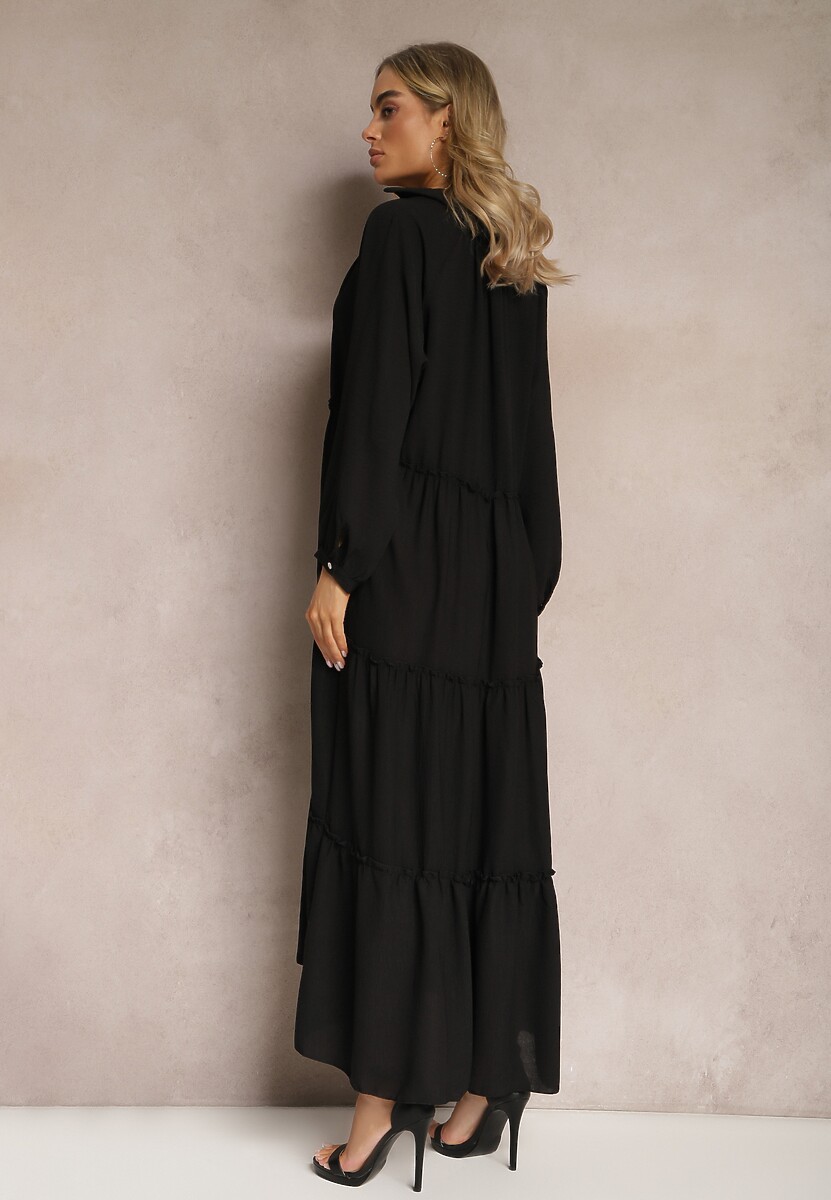 Rochie Maxi Neagră în Cloș cu Volane și Guler Rehtima 3