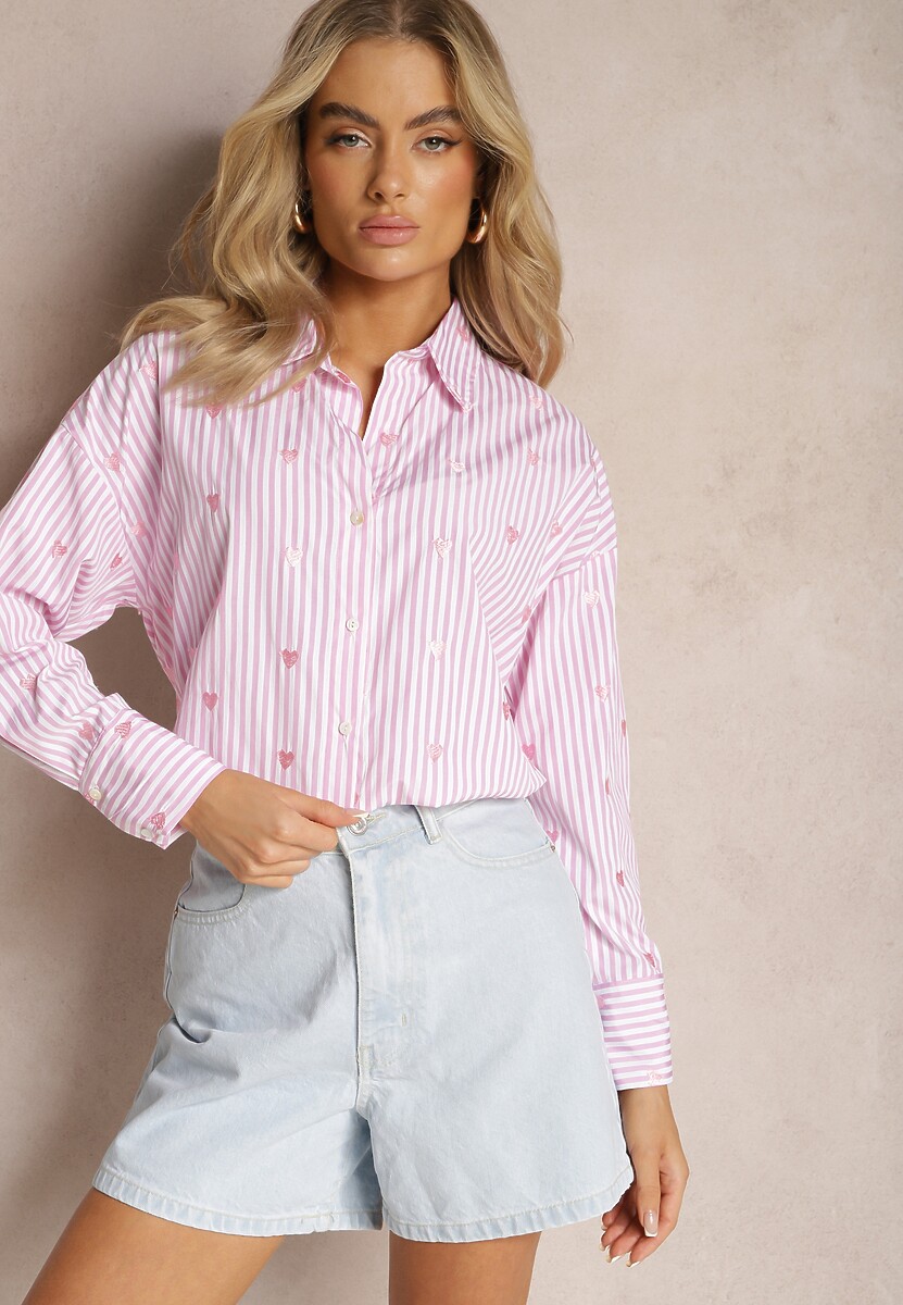 Cămașă Roz din Bumbac cu Model în Dungi Subțiri și Inimi Vatille 2