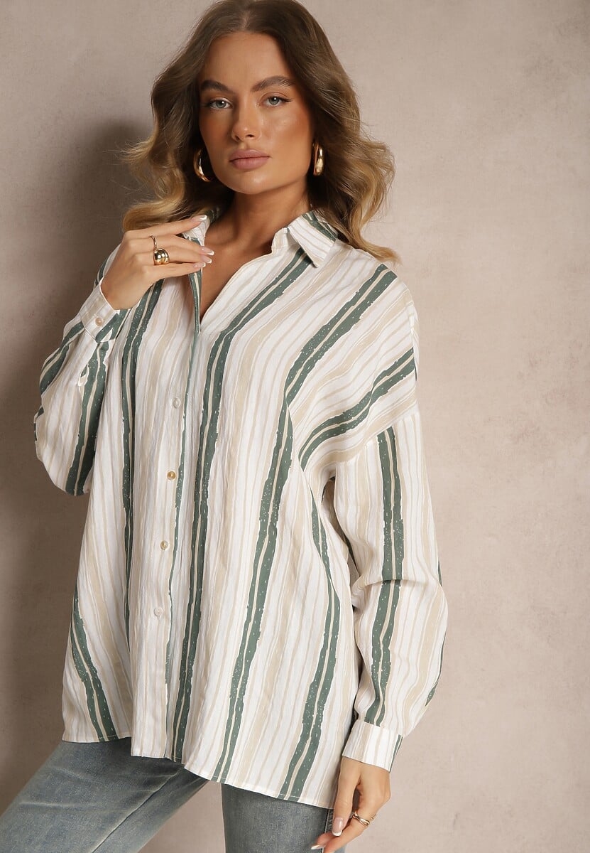 Beżowa Casualowa Koszula z Bawełny w Paski Sileata 1