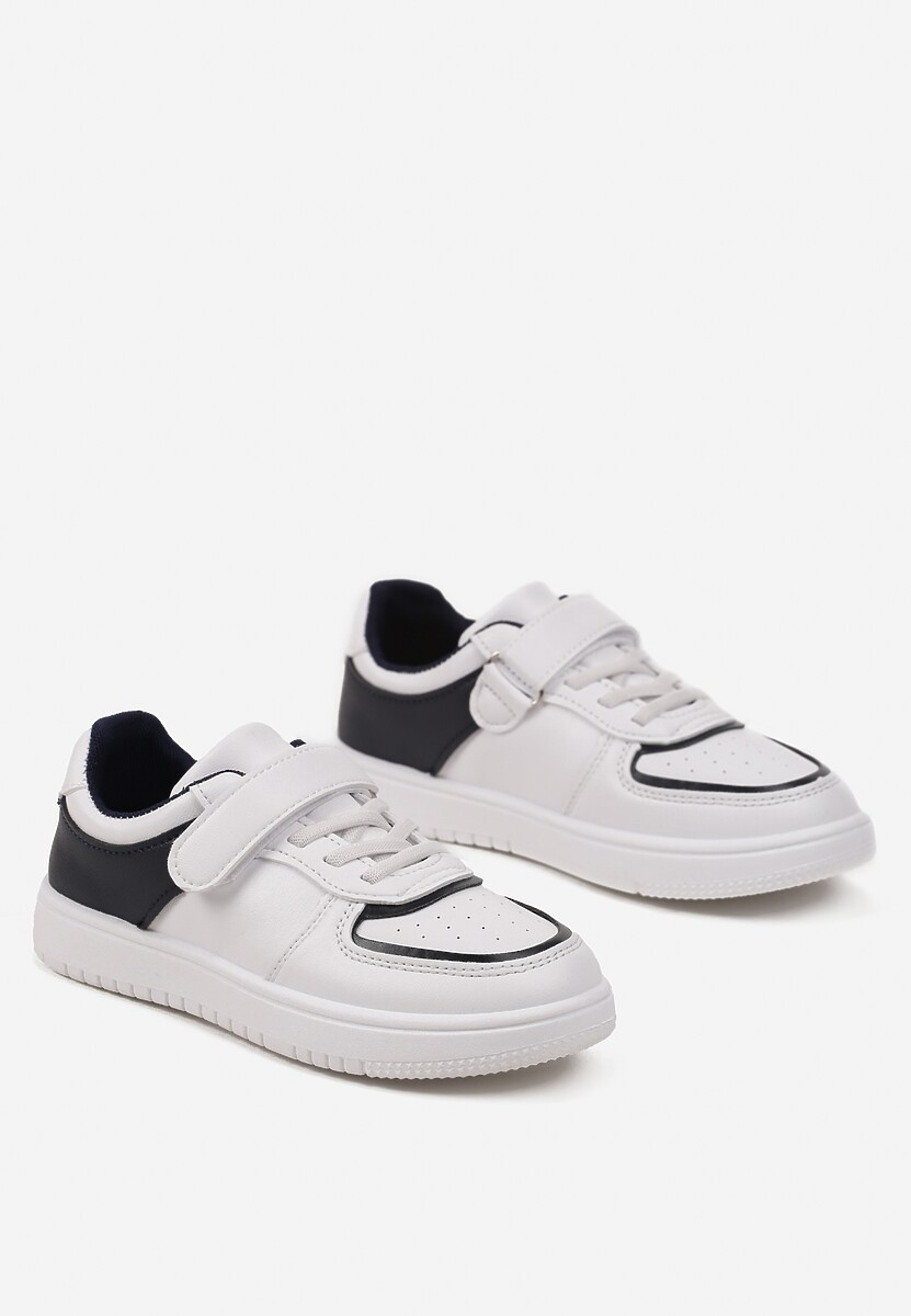 Biało-Granatowe Buty Sportowe Sneakersy na Rzep Zdobione Metaliczną Wstawką i Skórzaną Wkładką Marievora 2