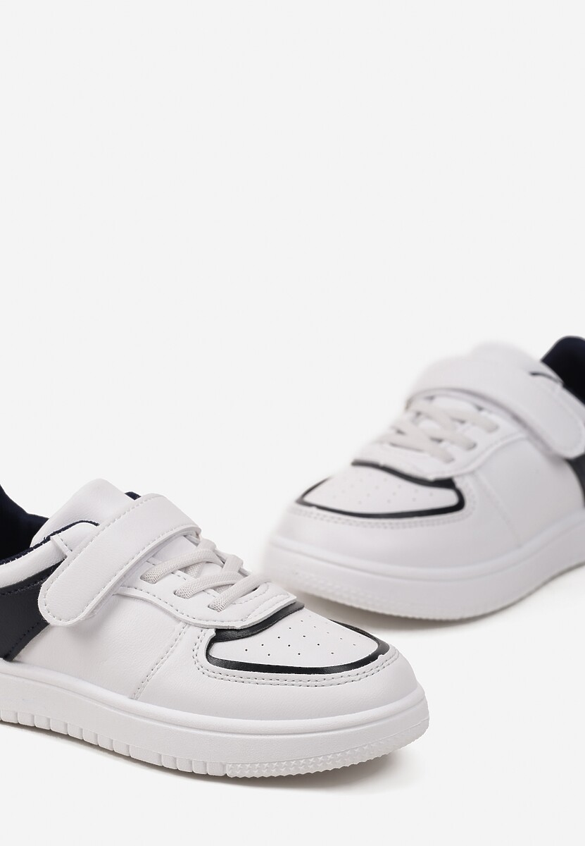 Biało-Granatowe Buty Sportowe Sneakersy na Rzep Zdobione Metaliczną Wstawką i Skórzaną Wkładką Marievora 3