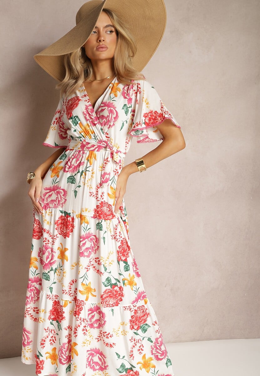 Rochie Albă cu Decolteu Petrecut și Volan Ornată cu Motiv Floral Nisavela 1