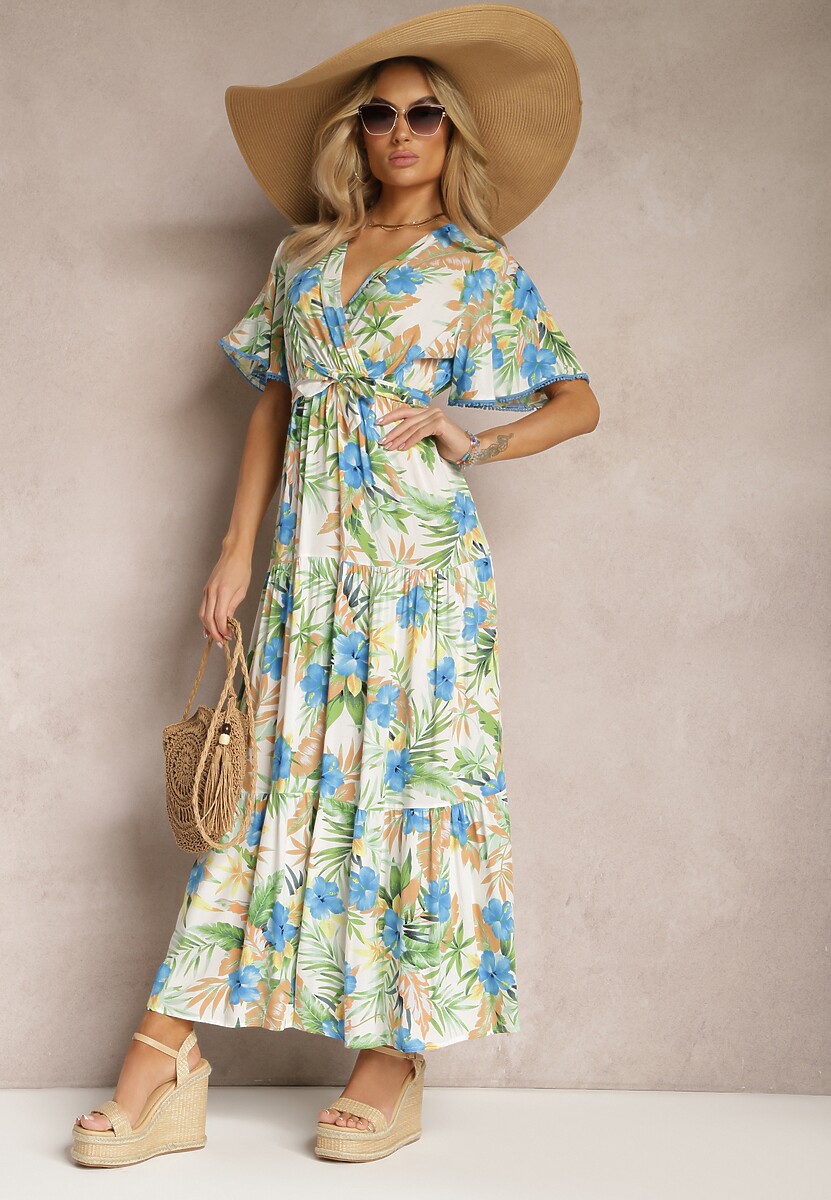 Rochie Alb-Verde de Vară Maxi în Flori cu Elastic și Curea de Legat în Talie Uveilla 2