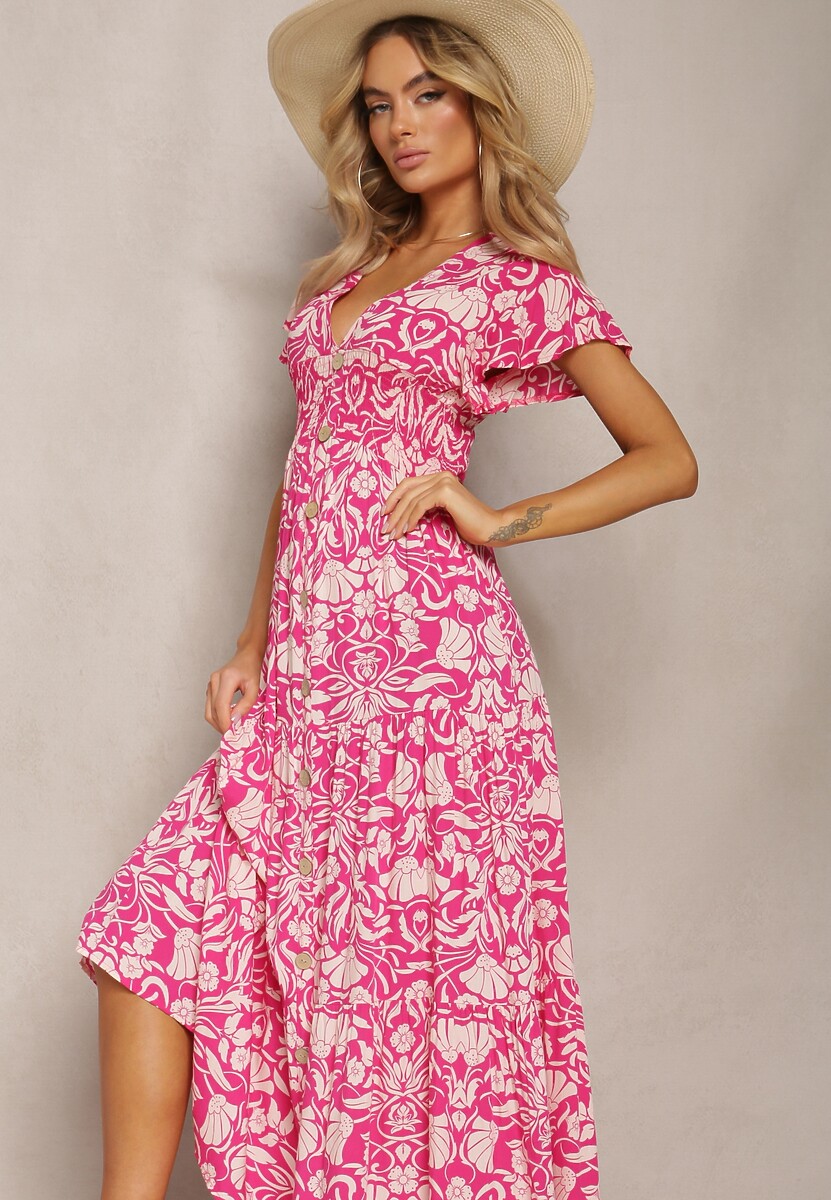 Rochie maxi roz evazată cu decolteu în V și imprimeu floral Leivori 2