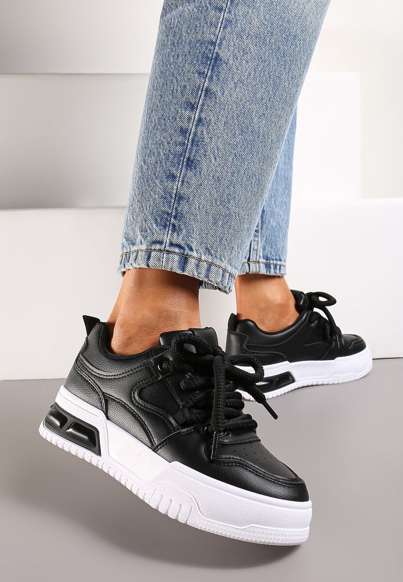 Czarne Sneakersy na Platformie Wiązane na Grube Sznurowadła Mirilte 2